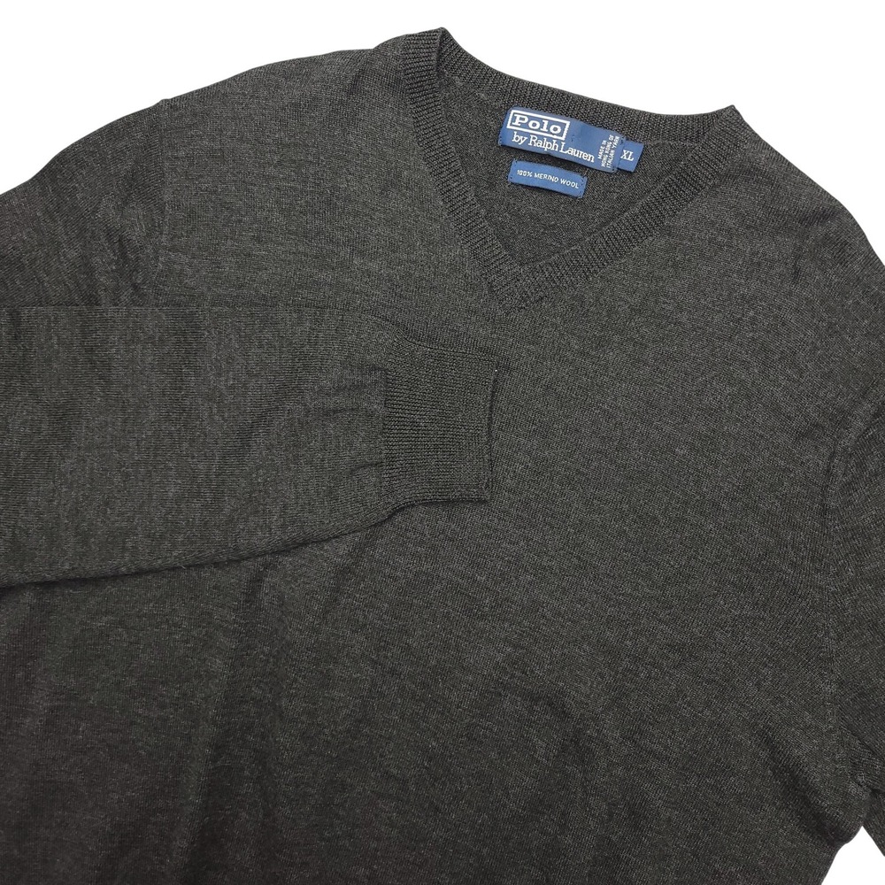 Polo By Ralph Lauren Sweater Mens XL Gray 100% Merino Wool V Neck Knit Pullover